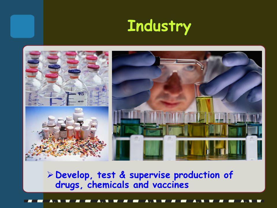 Industry Develop, test & supervise production of drugs, chemicals and vaccines
