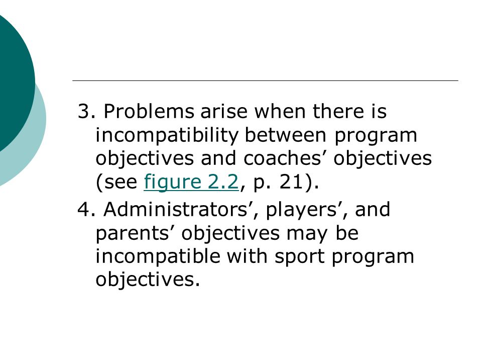 3. Problems arise when there is incompatibility between program objectives and coaches’ objectives (see figure 2.2, p. 21).