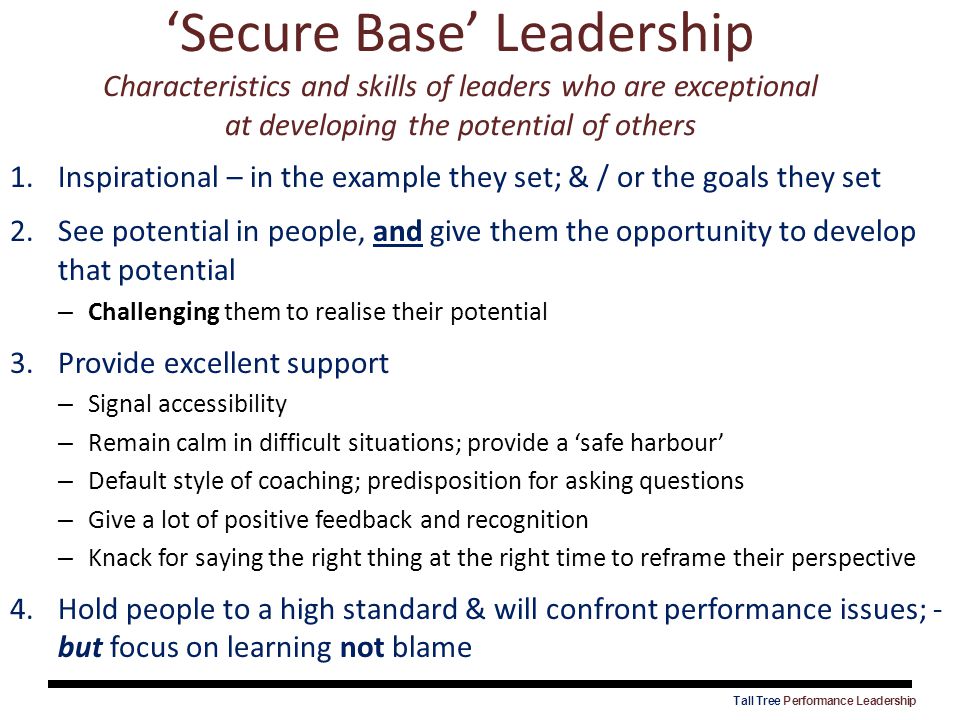 ‘Secure Base’ Leadership Characteristics and skills of leaders who are exceptional at developing the potential of others