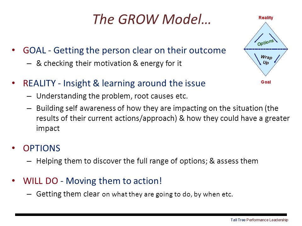 The GROW Model… GOAL - Getting the person clear on their outcome