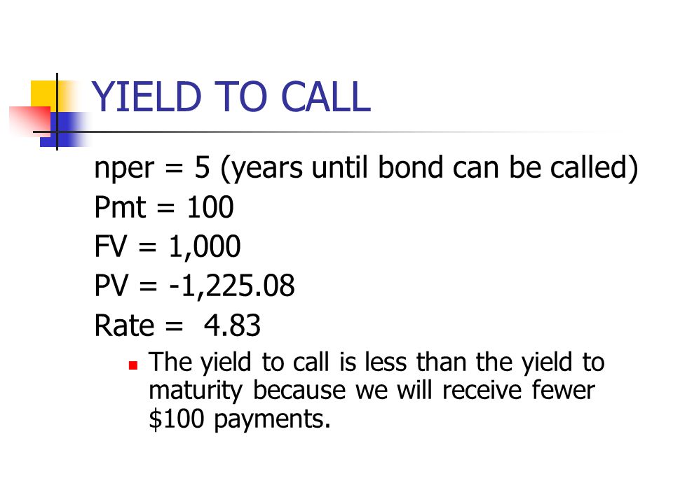 YIELD TO CALL nper = 5 (years until bond can be called) Pmt = 100