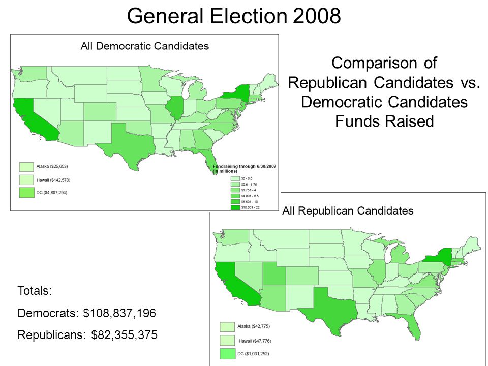 General Election 2008 Comparison of Republican Candidates vs. Democratic Candidates Funds Raised.
