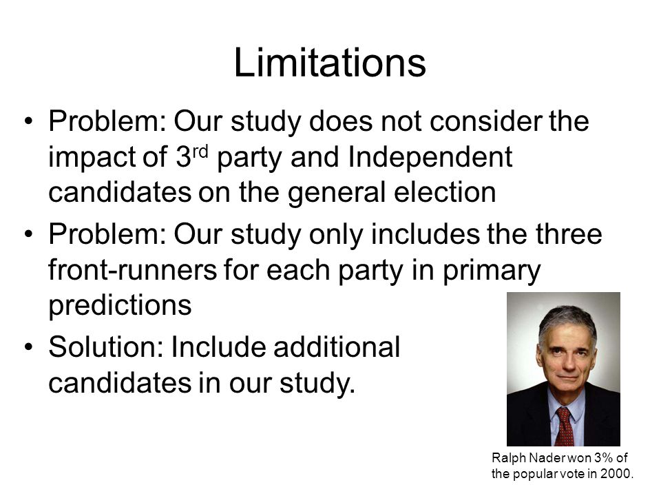 Limitations Problem: Our study does not consider the impact of 3rd party and Independent candidates on the general election.