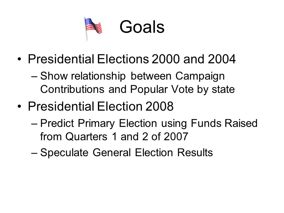 Goals Presidential Elections 2000 and 2004 Presidential Election 2008