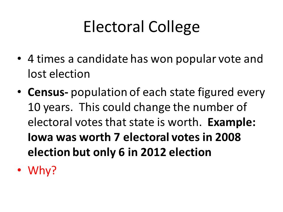 Electoral College 4 times a candidate has won popular vote and lost election.