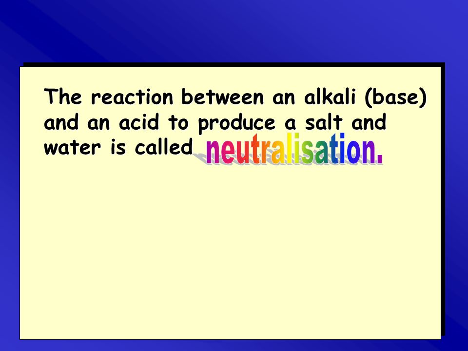 The reaction between an alkali (base) and an acid to produce a salt and water is called