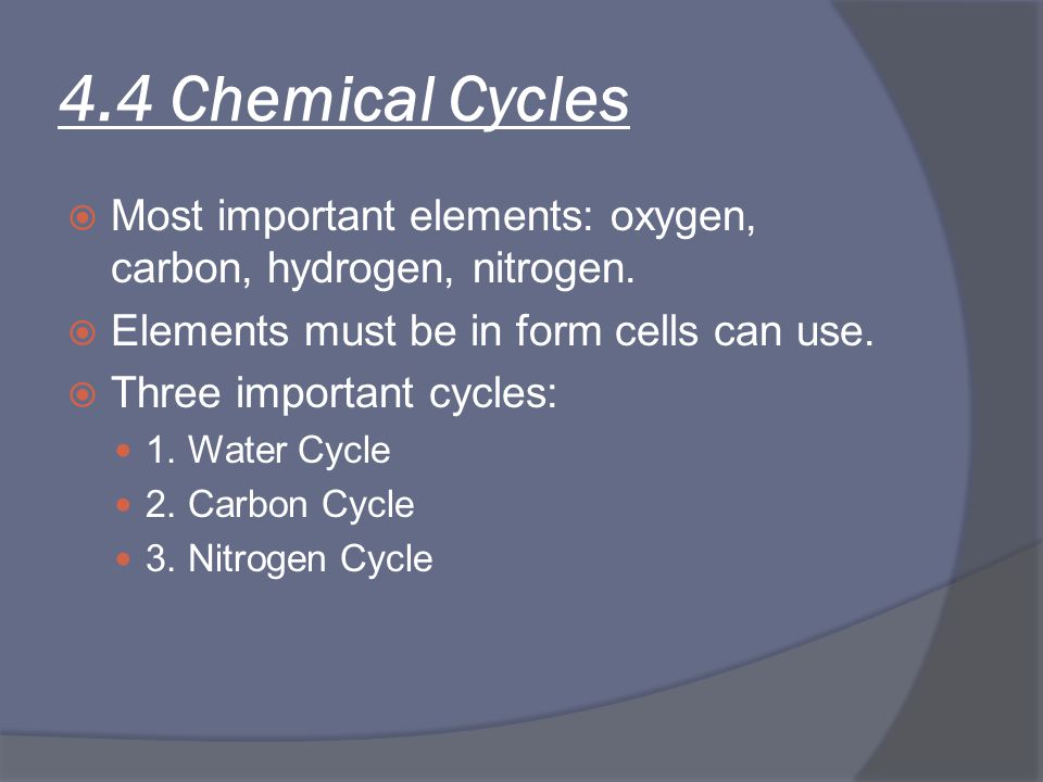 4.4 Chemical Cycles Most important elements: oxygen, carbon, hydrogen, nitrogen. Elements must be in form cells can use.