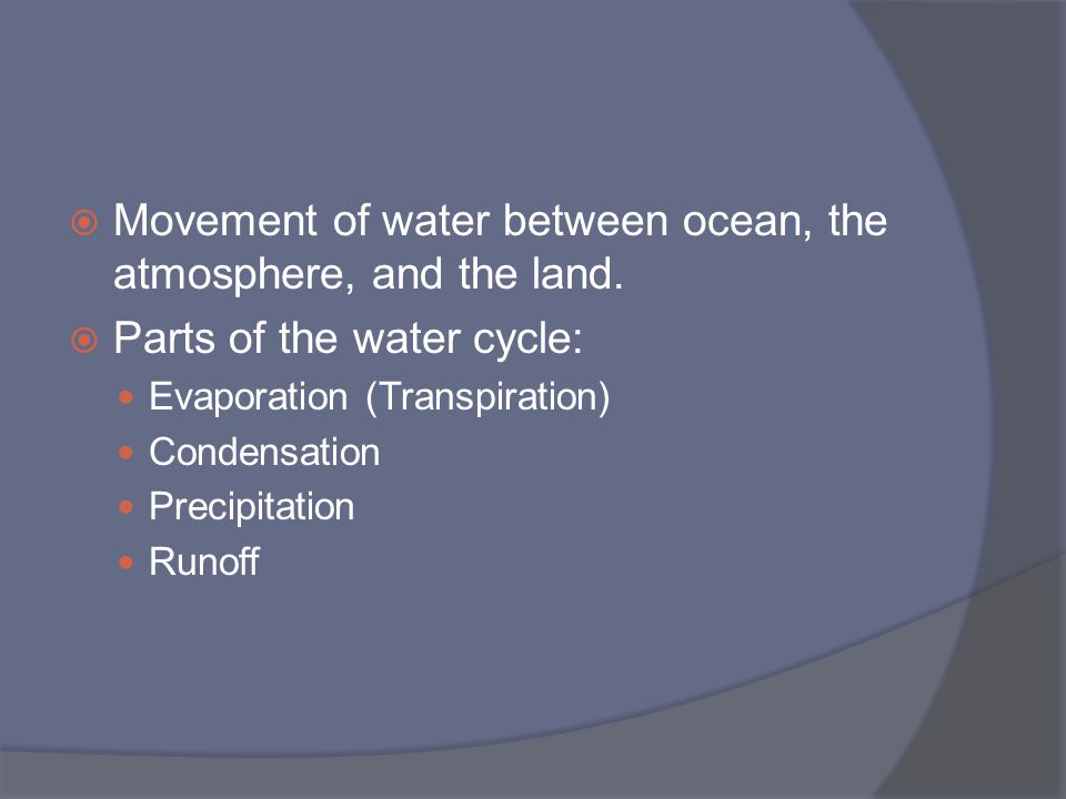 Movement of water between ocean, the atmosphere, and the land.