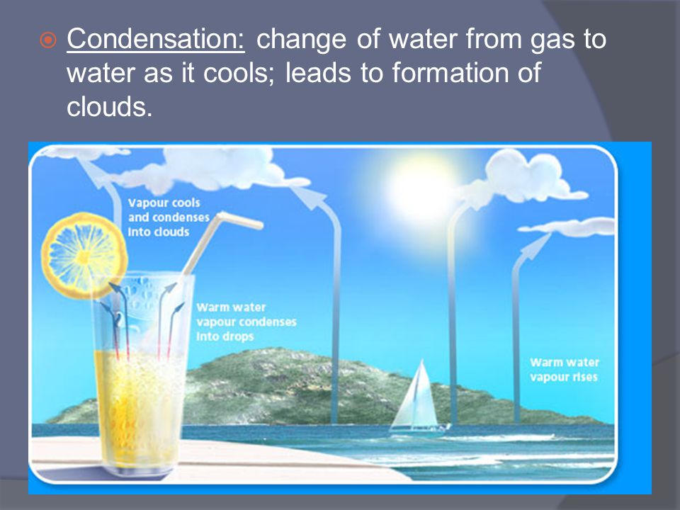 Condensation: change of water from gas to water as it cools; leads to formation of clouds.