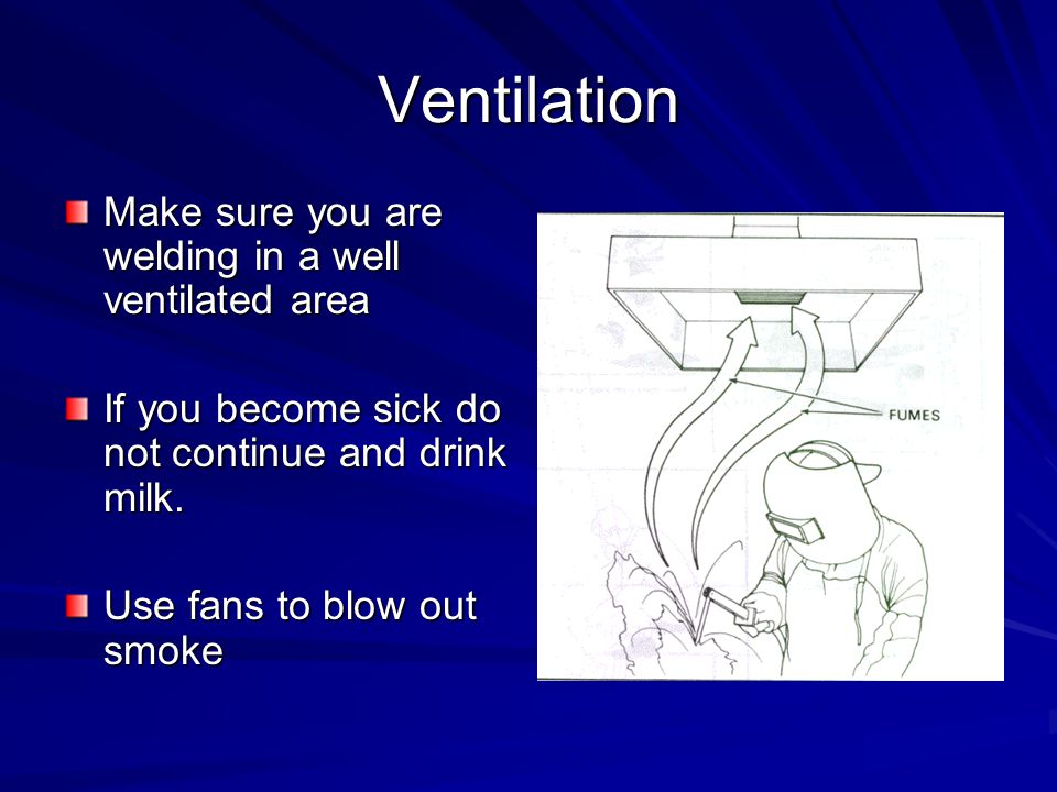 Ventilation Make sure you are welding in a well ventilated area