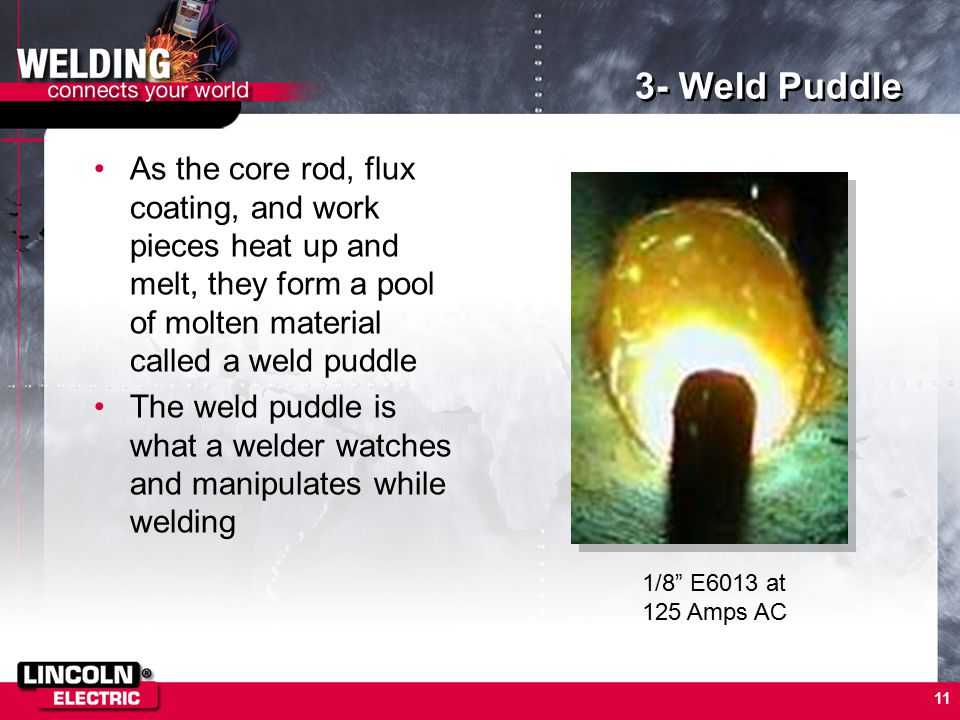 3- Weld Puddle As the core rod, flux coating, and work pieces heat up and melt, they form a pool of molten material called a weld puddle.