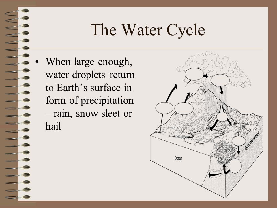 The Water Cycle When large enough, water droplets return to Earth’s surface in form of precipitation – rain, snow sleet or hail.