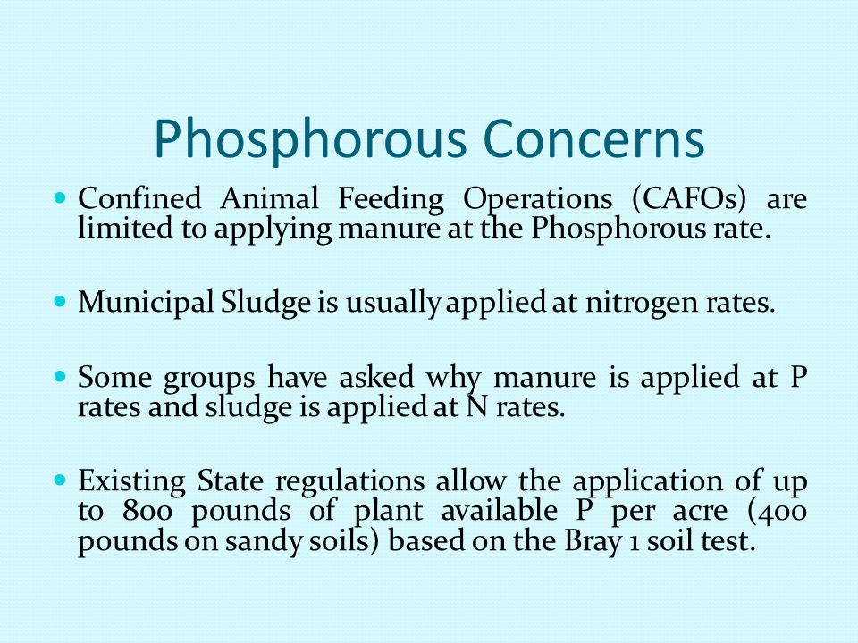 Phosphorous Concerns Confined Animal Feeding Operations (CAFOs) are limited to applying manure at the Phosphorous rate.