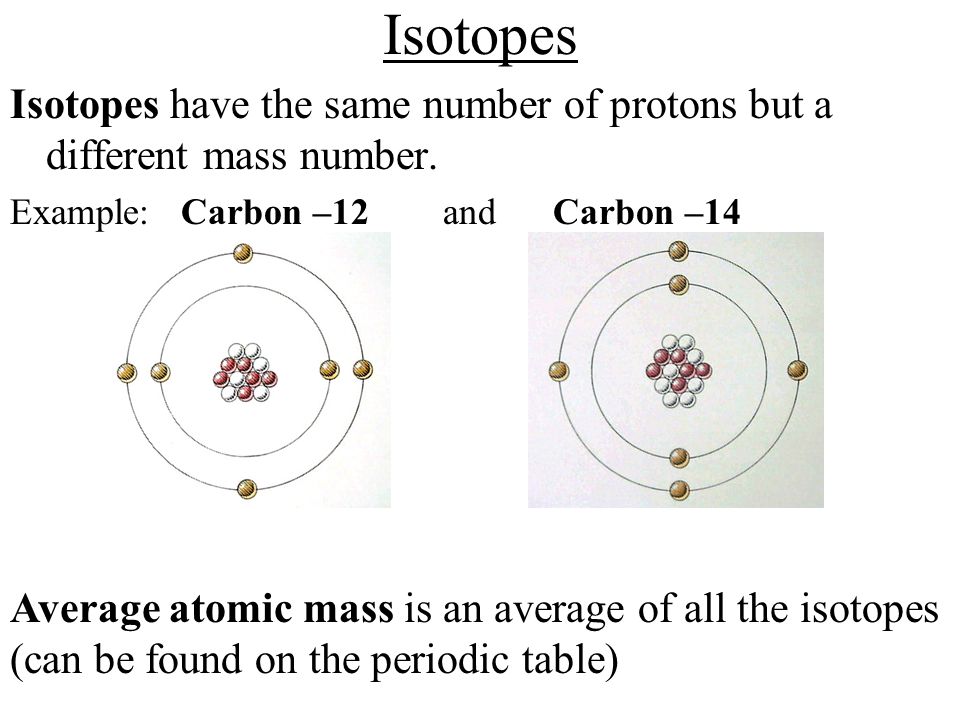 Isotopes Isotopes have the same number of protons but a different mass number. Example: Carbon –12 and Carbon –14.