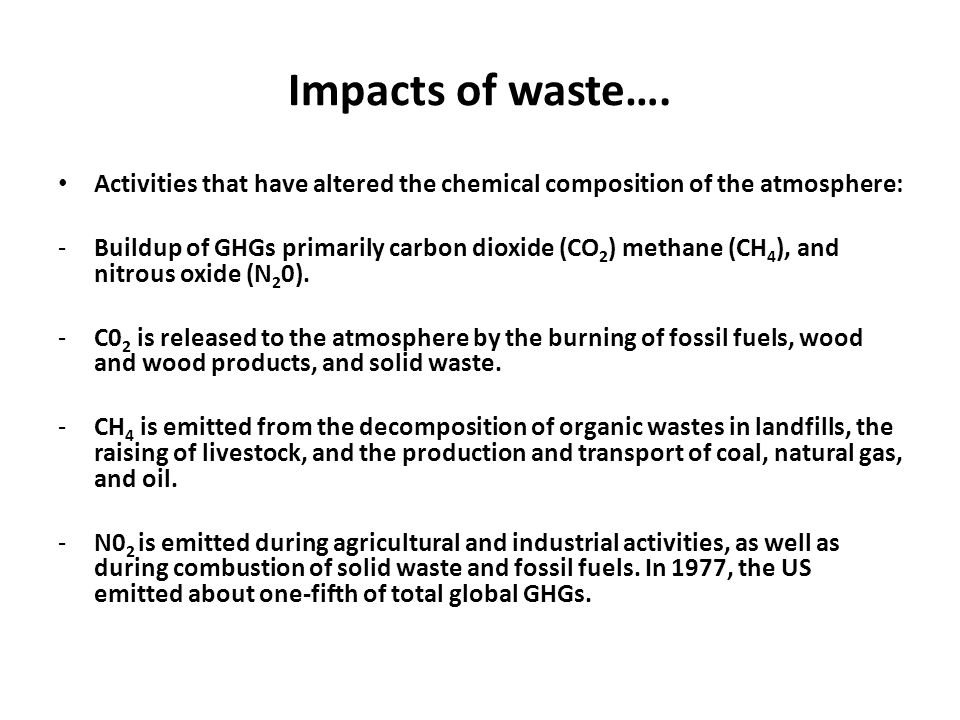 Impacts of waste…. Activities that have altered the chemical composition of the atmosphere: