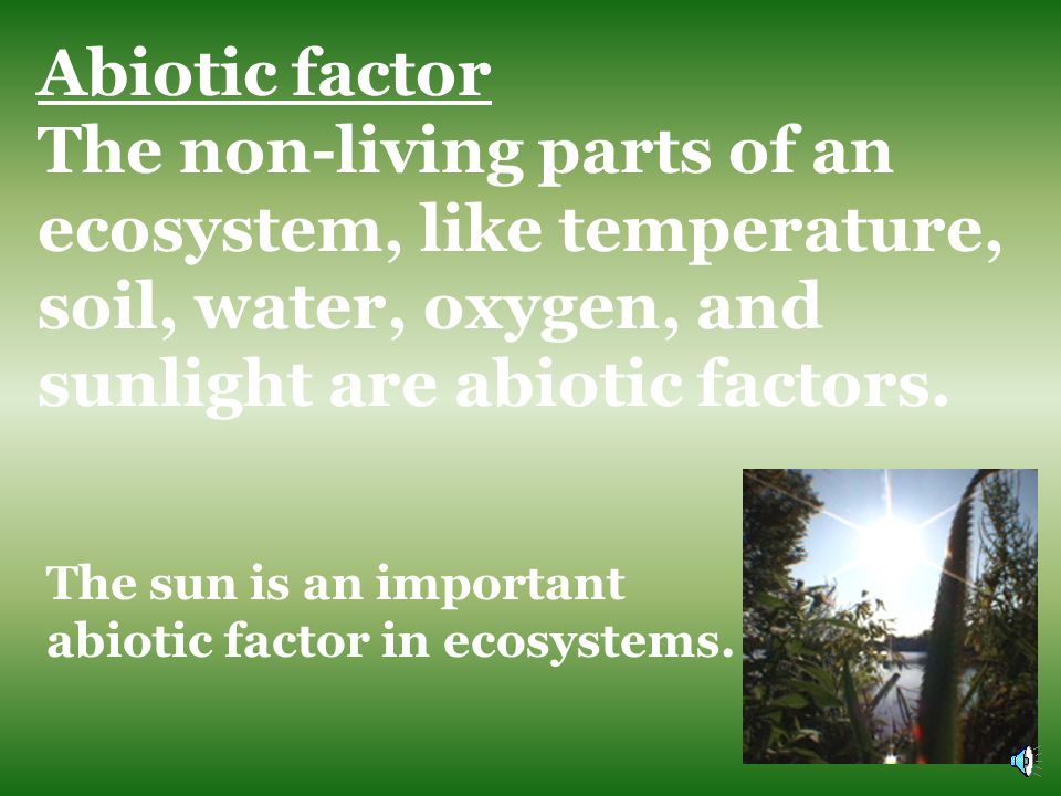 Abiotic factor The non-living parts of an ecosystem, like temperature, soil, water, oxygen, and sunlight are abiotic factors.