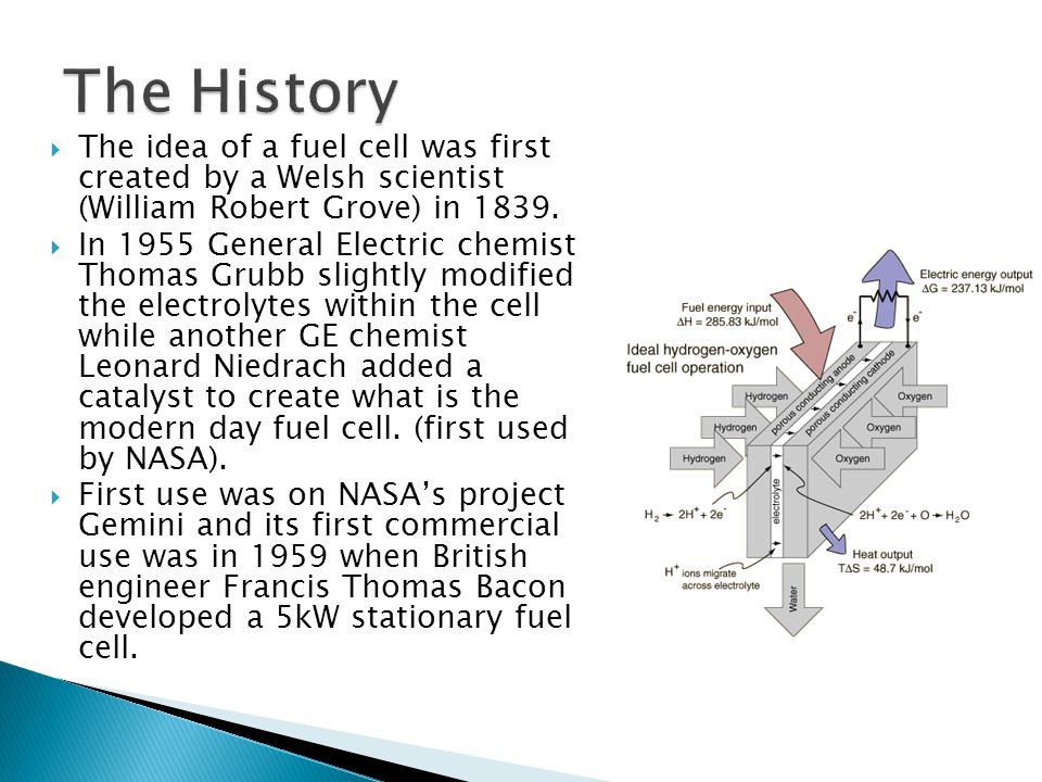 The History The idea of a fuel cell was first created by a Welsh scientist (William Robert Grove) in