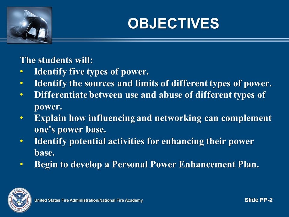 OBJECTIVES The students will: Identify five types of power.