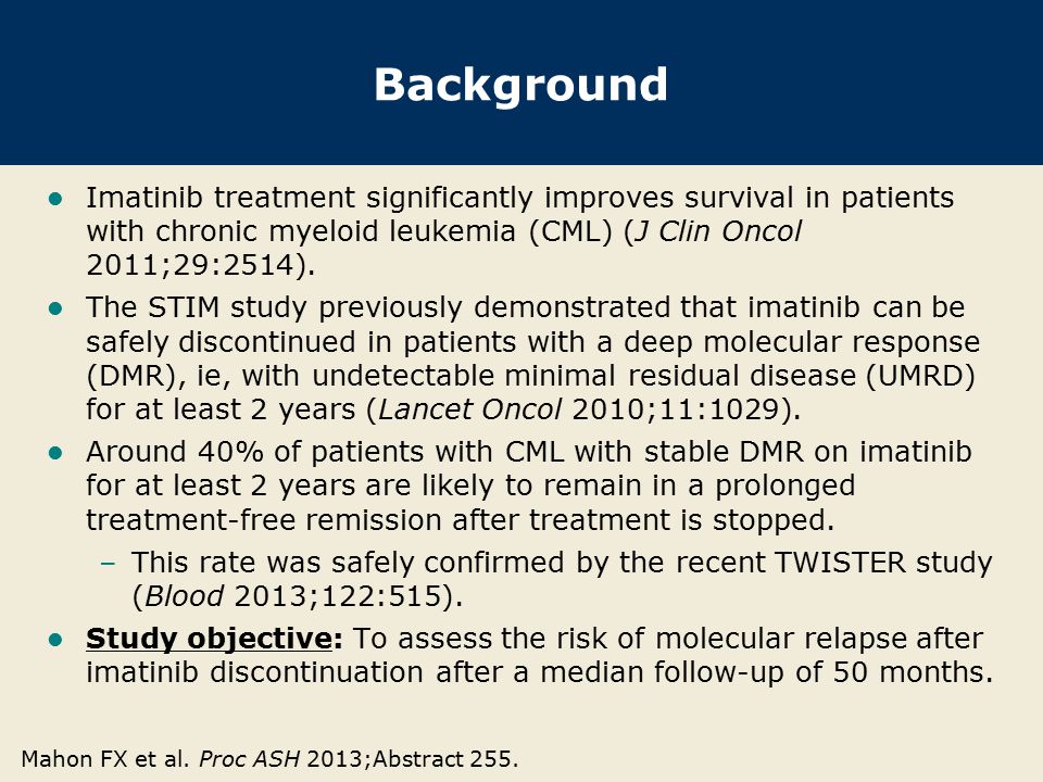 Background Imatinib treatment significantly improves survival in patients with chronic myeloid leukemia (CML) (J Clin Oncol 2011;29:2514).