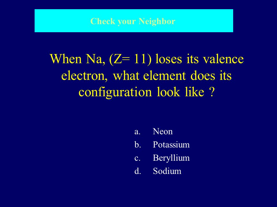 Check your Neighbor When Na, (Z= 11) loses its valence electron, what element does its configuration look like