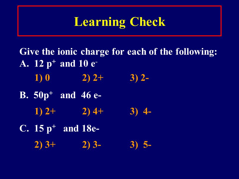 Learning Check Give the ionic charge for each of the following: