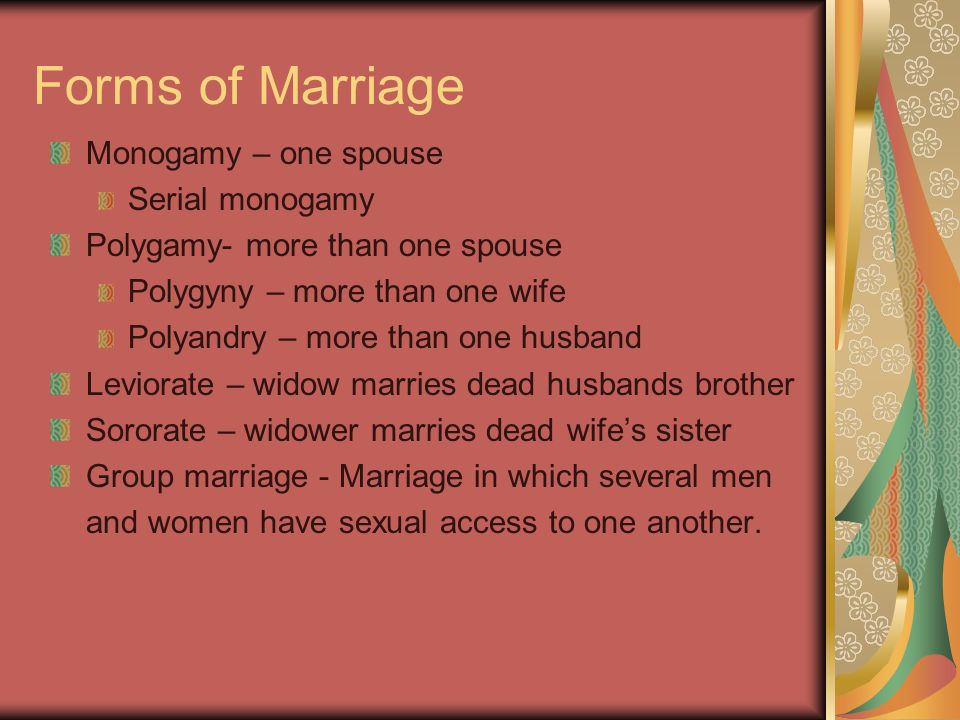 Forms of Marriage Monogamy – one spouse Serial monogamy