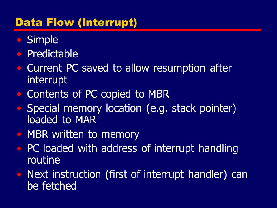 Data Flow (Interrupt) Simple. Predictable. Current PC saved to allow resumption after interrupt. Contents of PC copied to MBR.