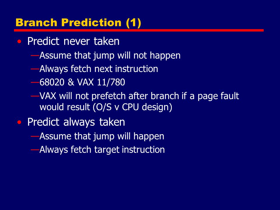 Branch Prediction (1) Predict never taken Predict always taken