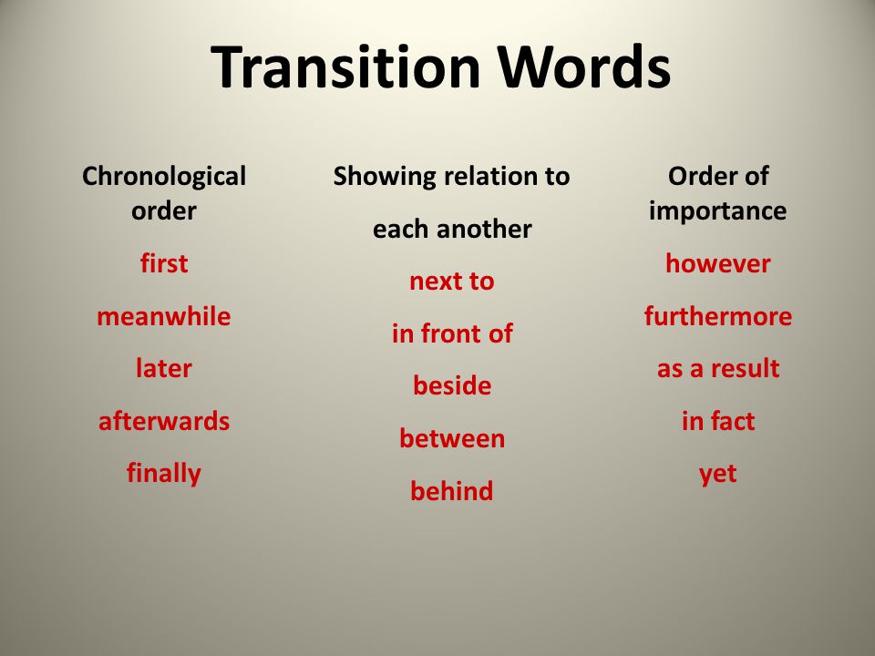 Transition Words Chronological order first meanwhile later afterwards