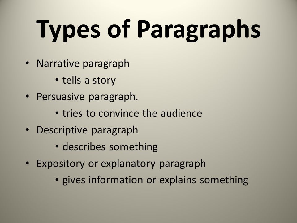 Types of Paragraphs Narrative paragraph tells a story