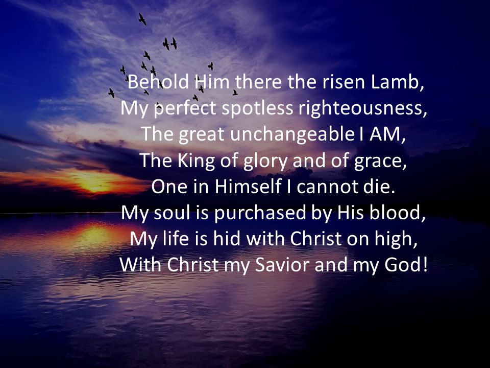 Behold Him there the risen Lamb, My perfect spotless righteousness, The great unchangeable I AM, The King of glory and of grace, One in Himself I cannot die.