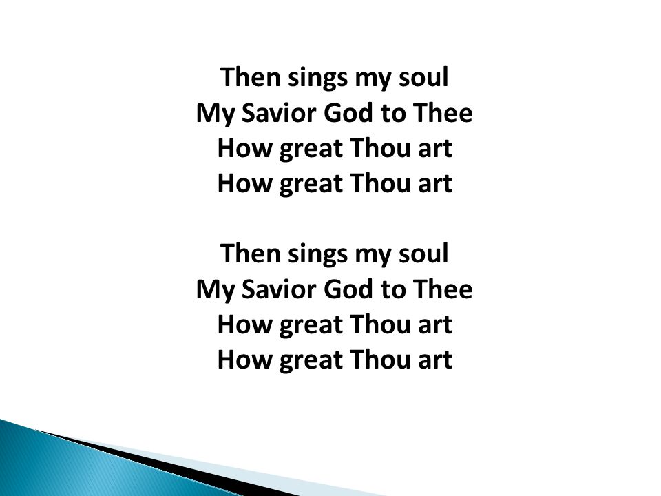 Then sings my soul My Savior God to Thee How great Thou art How great Thou art Then sings my soul My Savior God to Thee How great Thou art How great Thou art