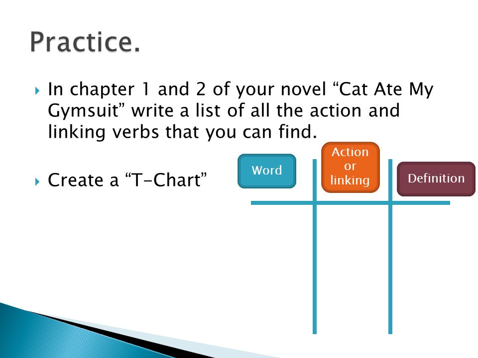 Practice. In chapter 1 and 2 of your novel Cat Ate My Gymsuit write a list of all the action and linking verbs that you can find.