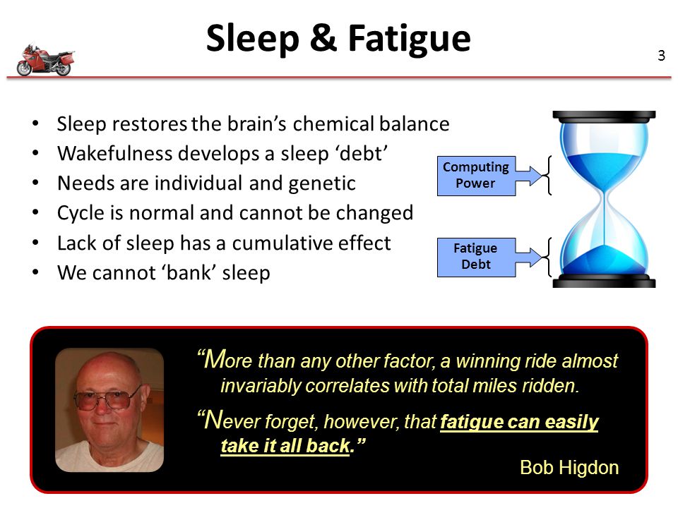 Sleep & Fatigue Sleep restores the brain’s chemical balance. Wakefulness develops a sleep ‘debt’ Needs are individual and genetic.