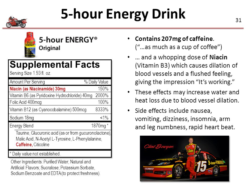 5-hour Energy Drink Supplemental Facts Contains 207mg of caffeine.