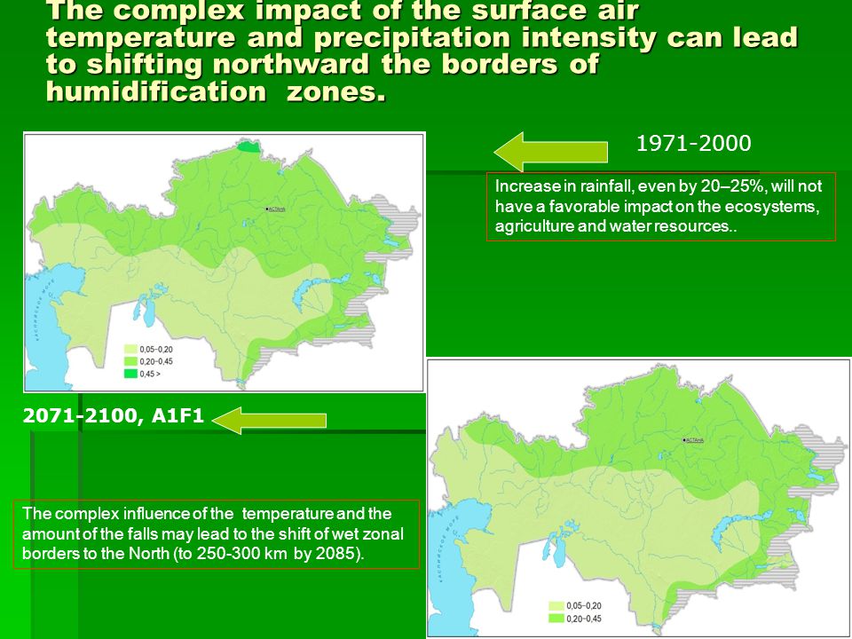 The complex impact of the surface air temperature and precipitation intensity can lead to shifting northward the borders of humidification zones.