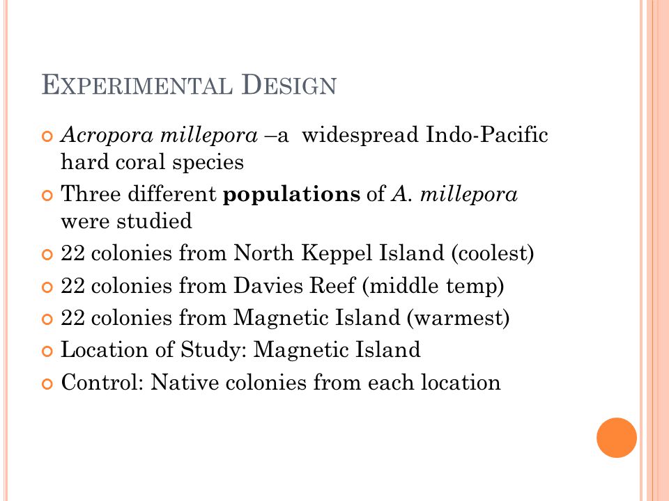 Experimental Design Acropora millepora –a widespread Indo-Pacific hard coral species. Three different populations of A. millepora were studied.