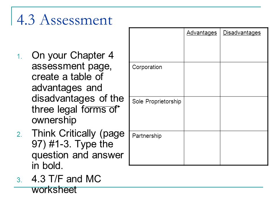 4.3 Assessment Advantages. Disadvantages. Corporation. Sole Proprietorship. Partnership.