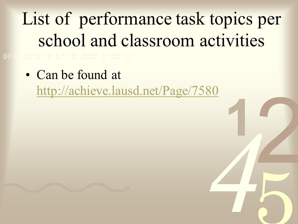 List of performance task topics per school and classroom activities