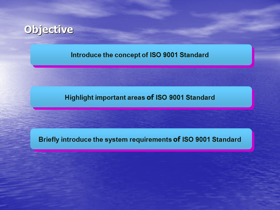 Objective Introduce the concept of ISO 9001 Standard
