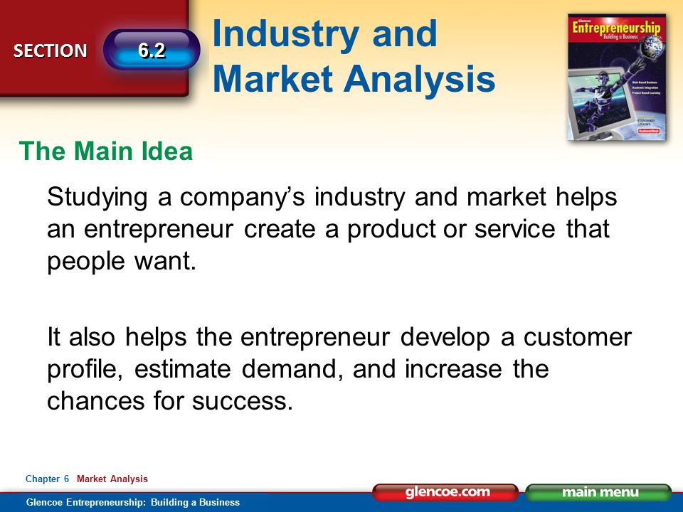 The Main Idea Studying a company’s industry and market helps an entrepreneur create a product or service that people want.