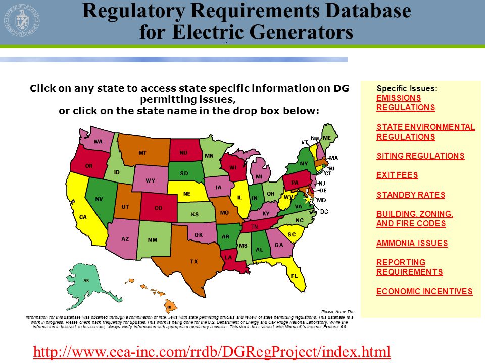 Regulatory Requirements Database for Electric Generators