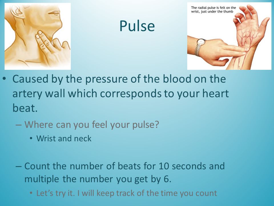 Pulse Caused by the pressure of the blood on the artery wall which corresponds to your heart beat. Where can you feel your pulse