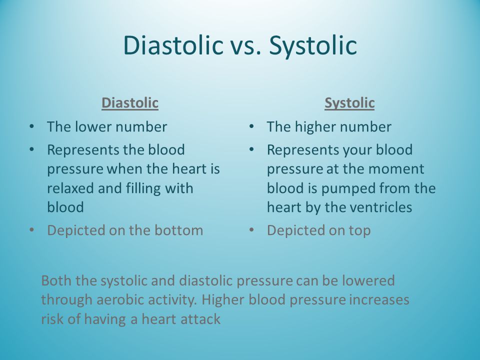 Diastolic vs. Systolic Diastolic Systolic The lower number