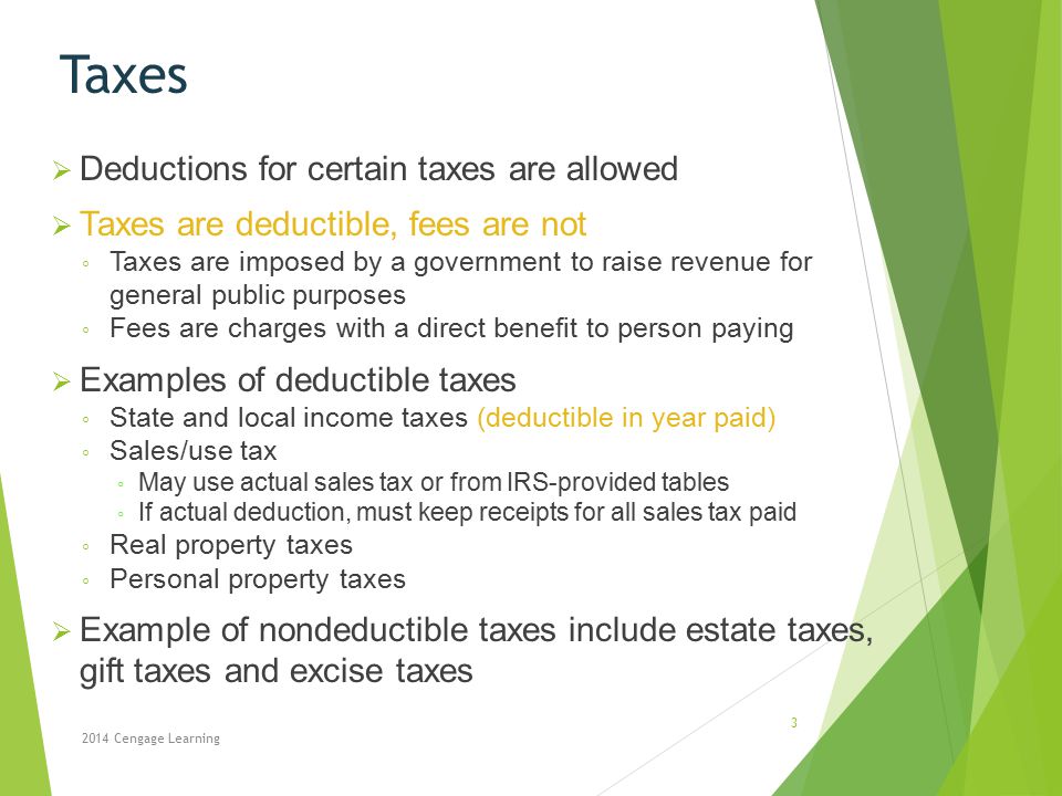 Taxes Deductions for certain taxes are allowed
