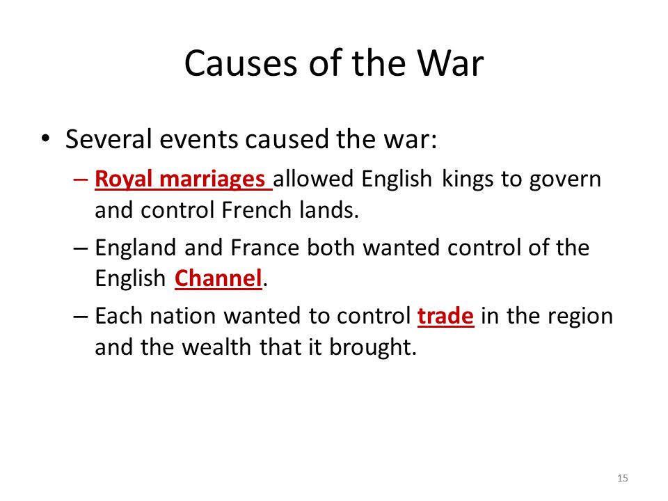 Causes of the War Several events caused the war: