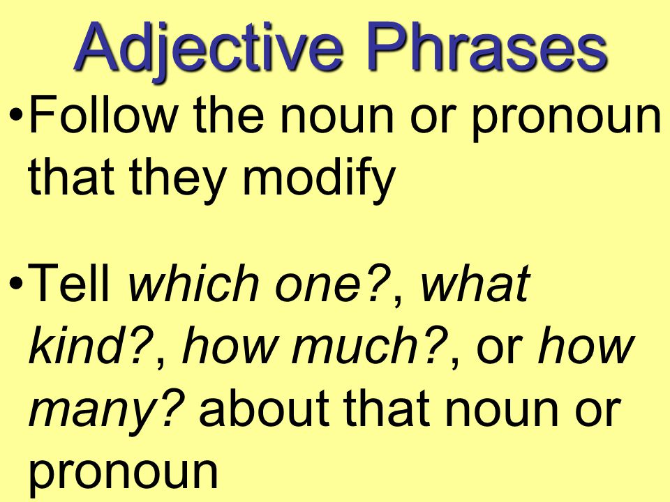 Adjective Phrases Follow the noun or pronoun that they modify