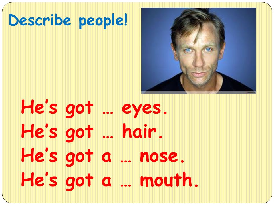 Describe people! He’s got … eyes. He’s got … hair. He’s got a … nose. He’s got a … mouth.