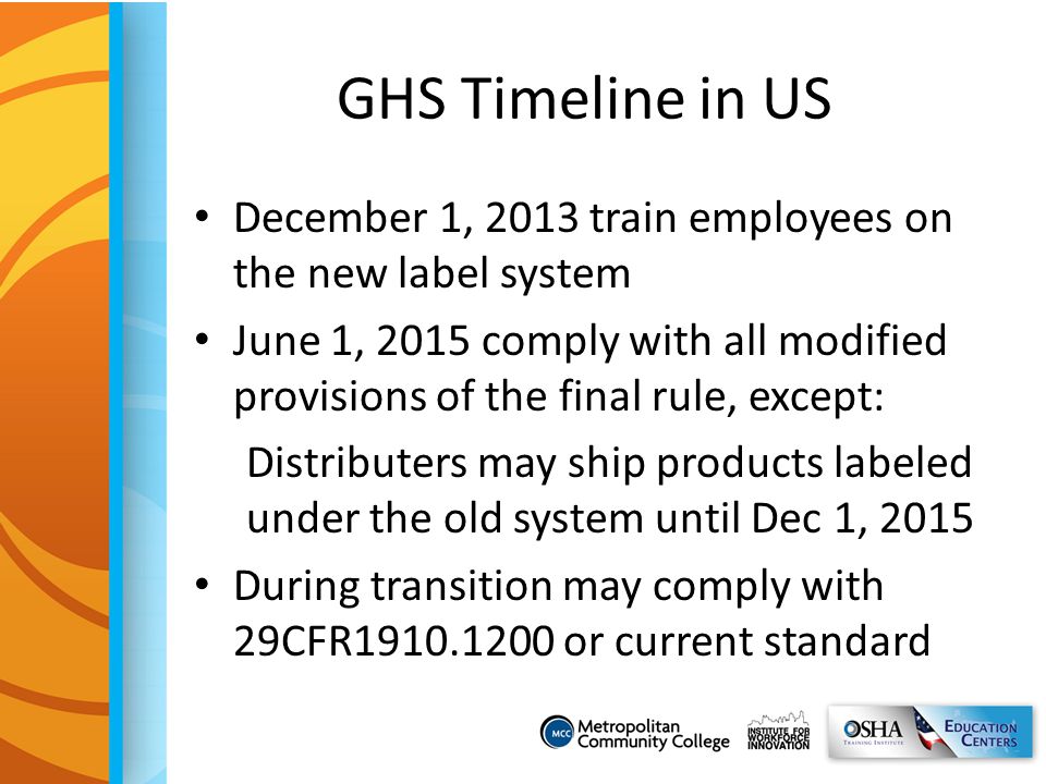 GHS Timeline in US December 1, 2013 train employees on the new label system.