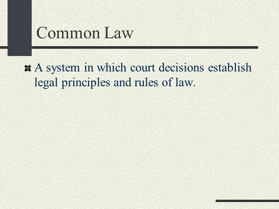 Common Law A system in which court decisions establish legal principles and rules of law.